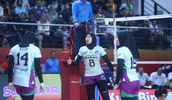 Ekspresi opposite Jakarta Pertamina Enduro, Megawati Hangestri Pertiwi, dalam laga melawan Jakarta Electric PLN pada final four Proliga 2026, Kamis (2/4/2026).