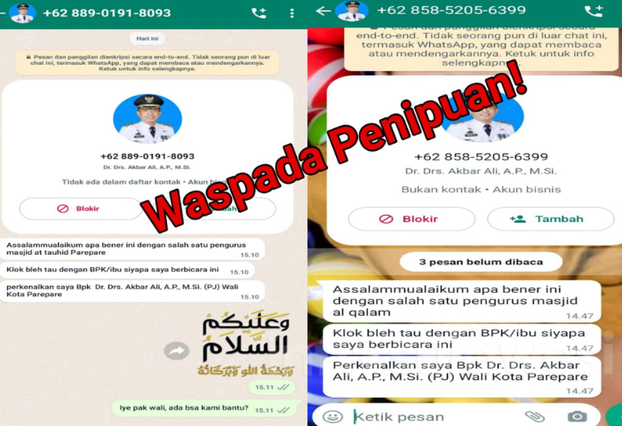 Waspada, Beredar Penipuan Lewat WhatsApp Mengatasnamakan Pj Wali Kota Parepare